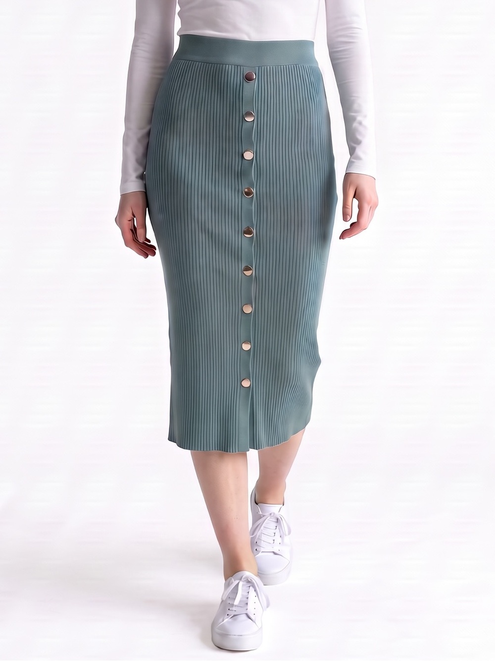 Fashion Nova Emerald Green Ribbed Midi Skirt with Snap Buttons